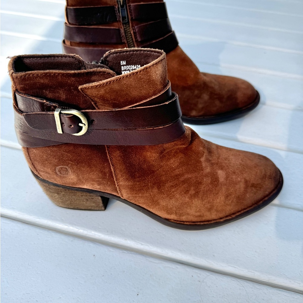 Born Women's Payton Boot Sz 8 Block Heel Brown Suede Boho Bootie Ankle Strap